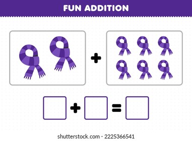 Education game for children fun addition by counting cute cartoon purple scarf pictures printable winter worksheet