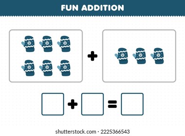 Education game for children fun addition by counting cute cartoon blue mitten pictures printable winter worksheet