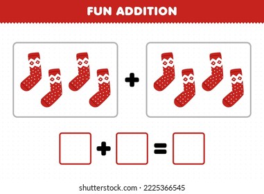 Education game for children fun addition by counting cute cartoon red sock pictures printable winter worksheet