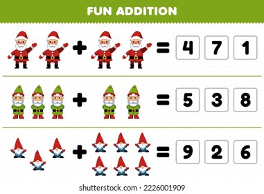 Education game for children fun addition by guess the correct number of cute cartoon santa and gnome printable winter worksheet