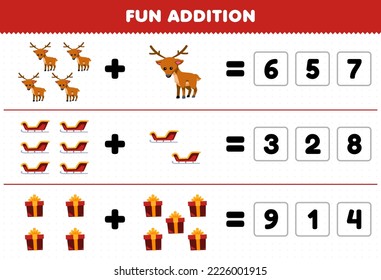 Education game for children fun addition by guess the correct number of cute cartoon deer sled gift box printable winter worksheet