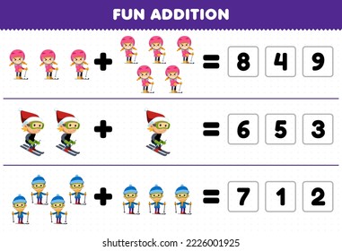 Education game for children fun addition by guess the correct number of cute cartoon boy and girl playing ski printable winter worksheet