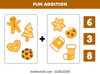 Education game for children fun addition by count and choose the correct answer of cute cartoon cookie and gingerbread printable winter worksheet