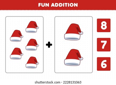 Education game for children fun addition by count and choose the correct answer of cute cartoon red santa hat printable winter worksheet
