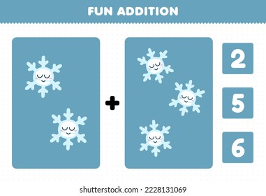 Education game for children fun addition by count and choose the correct answer of cute cartoon snowflake printable winter worksheet