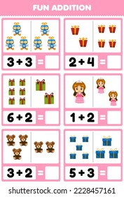 Education game for children fun addition by counting and sum of cute cartoon gift box robot doll teddy bear toy printable winter worksheet