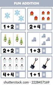 Education game for children fun addition by counting and sum of cute cartoon snowflake bonfire christmas tree boot snowman shovel printable winter worksheet