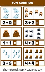 Education game for children fun addition by counting and sum of cute cartoon arctic fox hat jacket den sock boot printable winter worksheet