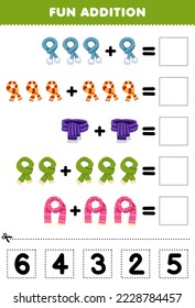 Education game for children fun addition by cut and match correct number for cute cartoon scarf printable winter worksheet