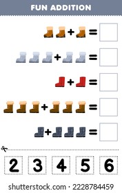 Education game for children fun addition by cut and match correct number for cute cartoon boot printable winter worksheet