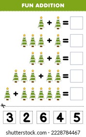 Education game for children fun addition by cut and match correct number for cute cartoon christmas tree printable winter worksheet