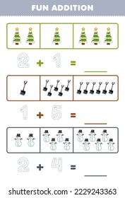 Education game for children fun addition by counting and tracing the number of cute cartoon christmas tree shovel snowman printable winter worksheet