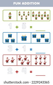Education game for children fun addition by counting and tracing the number of cute cartoon gnome gift box santa printable winter worksheet