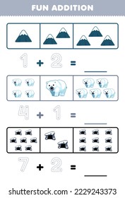 Education game for children fun addition by counting and tracing the number of cute cartoon moutain polar bear den printable winter worksheet