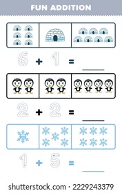 Juego de educación para niños adición de diversión contando y rastreando el número de lindos dibujos animados iglú pingüino copo de nieve imprimible hoja de cálculo de invierno