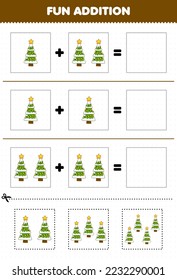 Education game for children fun addition by cut and match of cute cartoon christmas tree pictures for printable winter worksheet