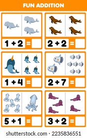 Education game for children fun addition by counting and sum of cute cartoon beluga walrus narwhal sunfish squid seal printable underwater worksheet