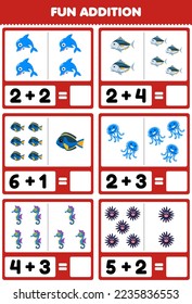 Education game for children fun addition by counting and sum of cute cartoon dolphin tuna fish jellyfish seahorse urchin printable underwater worksheet