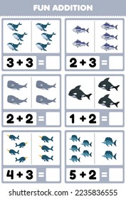 Education game for children fun addition by counting and sum of cute cartoon whale fish orca narwhal printable underwater worksheet