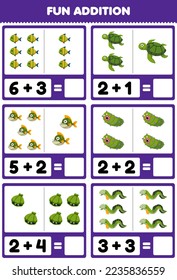 Education game for children fun addition by counting and sum of cute cartoon fish turtle piranha sea cucumber shell eel printable underwater worksheet