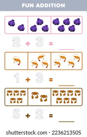 Education game for children fun addition by counting and tracing the number of cute cartoon shell shrimp crab printable underwater worksheet