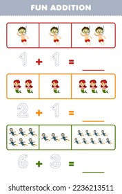Education game for children fun addition by counting and tracing the number of cute cartoon diver and mermaid printable underwater worksheet