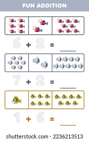 Education game for children fun addition by counting and tracing the number of cute cartoon fish sunfish piranha printable underwater worksheet