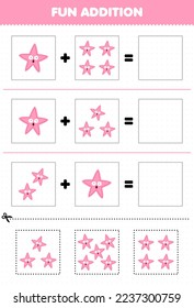 Education game for children fun addition by cut and match of cute cartoon starfish pictures for printable underwater worksheet