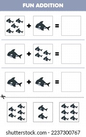 Education game for children fun addition by cut and match of cute cartoon orca pictures for printable underwater worksheet