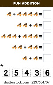 Education game for children fun addition by cut and match correct number for cute cartoon hermit crab printable underwater worksheet