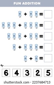 Education game for children fun addition by cut and match correct number for cute cartoon squid printable underwater worksheet