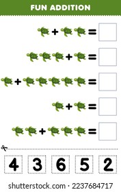 Education game for children fun addition by cut and match correct number for cute cartoon turtle printable underwater worksheet