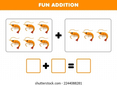 Education game for children fun addition by counting cute cartoon shrimp pictures printable underwater worksheet