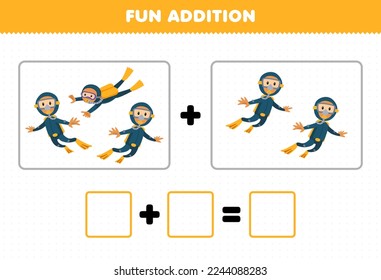 Education game for children fun addition by counting cute cartoon diver pictures printable underwater worksheet