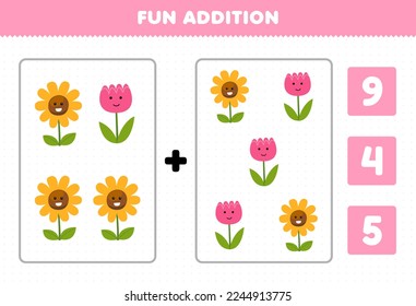 Education game for children fun addition by count and choose the correct answer of cute cartoon flower printable nature worksheet