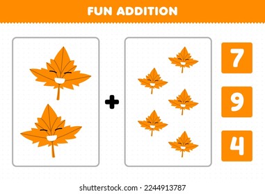 Education game for children fun addition by count and choose the correct answer of cute cartoon leaf printable nature worksheet