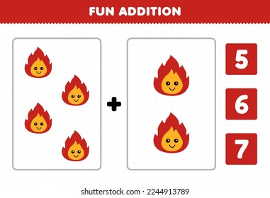 Education game for children fun addition by count and choose the correct answer of cute cartoon fire printable nature worksheet