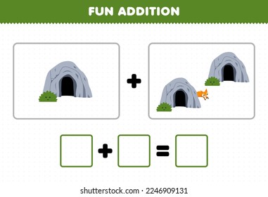 Education game for children fun addition by counting cute cartoon cave pictures printable nature worksheet