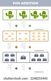Education game for children fun addition by counting and tracing the number of cute cartoon cactus sand stone printable nature worksheet