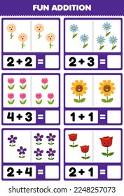 Education game for children fun addition by counting and sum of cute cartoon flower printable nature worksheet