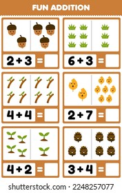 Education game for children fun addition by counting and sum of cute cartoon acorn grass branch leaf pinecone printable nature worksheet