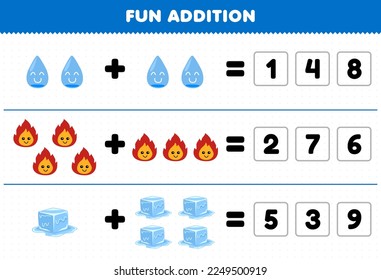 Education game for children fun addition by guess the correct number of cute cartoon water fire ice printable nature worksheet