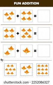 Education game for children fun addition by cut and match of cute cartoon maple leaf pictures for printable nature worksheet