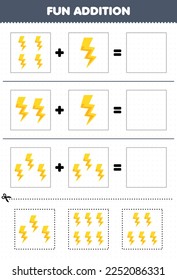 Education game for children fun addition by cut and match of cute cartoon thunder pictures for printable nature worksheet