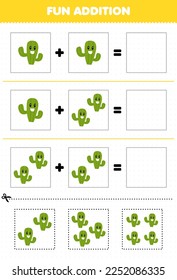 Education game for children fun addition by cut and match of cute cartoon cactus pictures for printable nature worksheet