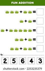 Education game for children fun addition by cut and match correct number for cute cartoon grass printable nature worksheet