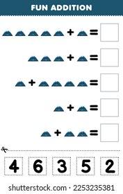 Education game for children fun addition by cut and match correct number for cute cartoon mountain printable nature worksheet