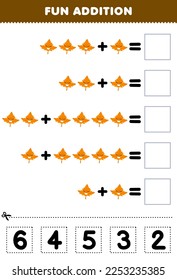 Education game for children fun addition by cut and match correct number for cute cartoon maple leaf printable nature worksheet