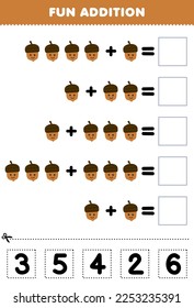 Education game for children fun addition by cut and match correct number for cute cartoon acorn printable nature worksheet