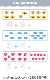 Juego de educación para niños adición de diversión contando y rastreando el número de adorables dibujos animados teapot plate mug herramienta de trabajo imprimible
